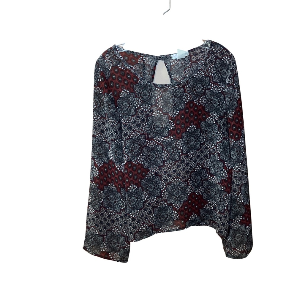 A'GACI Blouse Womens L Red Navy Blue Paisley Sheer Keyhole Back Boho